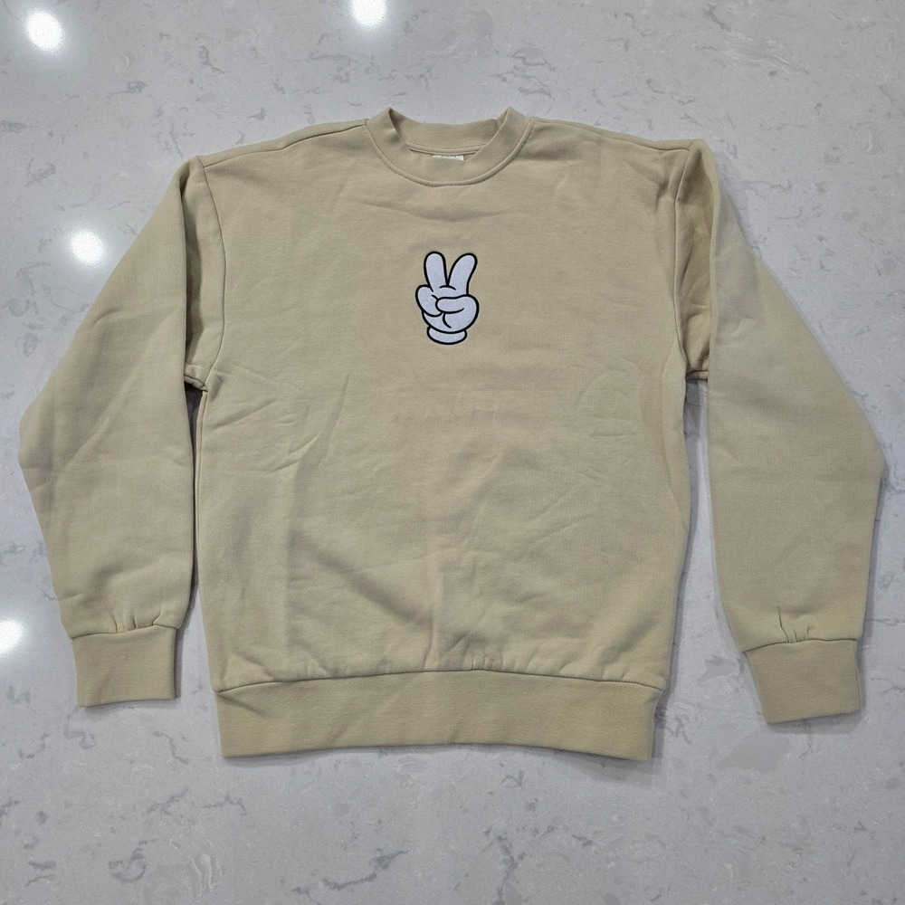 Disney Parks Mickey Mouse Peace Sign Embroidered Sweatshirt Beige Tan XS